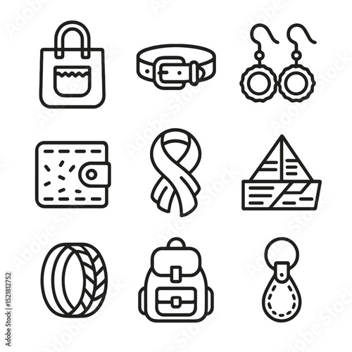 Upcycled Accessories Icons. Outline icon set of upcycled fashion accessories: denim tote bag, bicycle tube belt, bottle cap