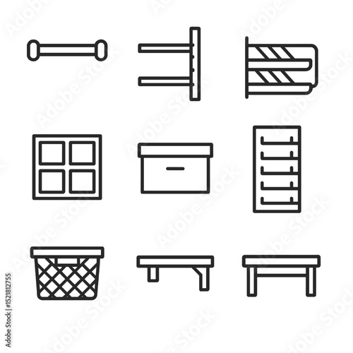 Shoe Closet Hardware Icons. Outline icon set of shoe closet hardware: hanging rod, adjustable shelf, pull-out rack, shoe cubby,