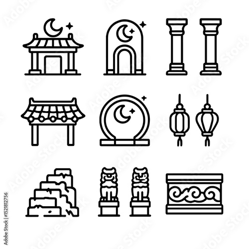 Moonlit Temple Icons. Outline icon set of moonlit temple architecture: temple façade, arched doorway, stone columns, tiled roof,