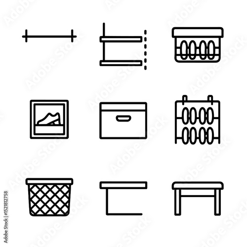 Shoe Closet Hardware Icons. Outline icon set of shoe closet hardware: hanging rod, adjustable shelf, pull-out rack, shoe cubby,