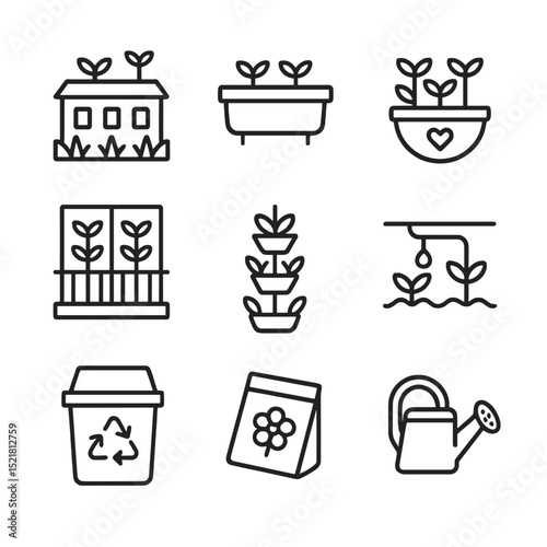 Urban Gardening Icons. Outline icon set of urban sprouting projects: rooftop garden, balcony planter, community pot, window sill