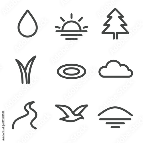 Morning Mist Icon Set. Outline icon set of morning mist haze: dew drop, rising sun, faint tree outline, grass blade, water surface
