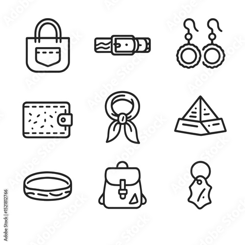 Upcycled Accessories Icons. Outline icon set of upcycled fashion accessories: denim tote bag, bicycle tube belt, bottle cap
