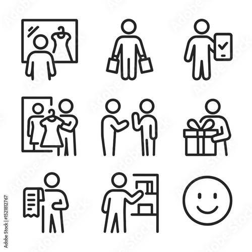 Shopper Activities Icons. Outline icon set of shopper activities: browsing window, carrying shopping bags, mobile payment, trying