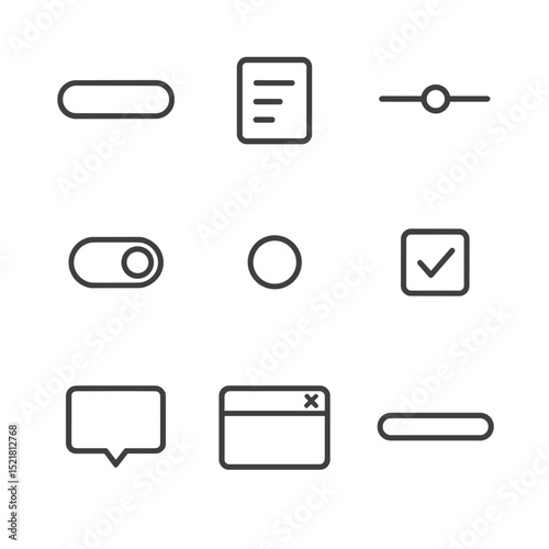 UI Component Icons. Outline icon set of user interface components: button, dropdown menu, slider, toggle switch, radio button,