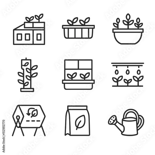 Urban Gardening Icons. Outline icon set of urban sprouting projects: rooftop garden, balcony planter, community pot, window sill