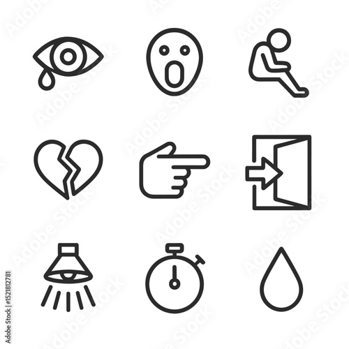 Shock Reaction Icons. Outline icon set of elimination shock reactions: crying eye, jaw drop, slumped figure, broken heart,