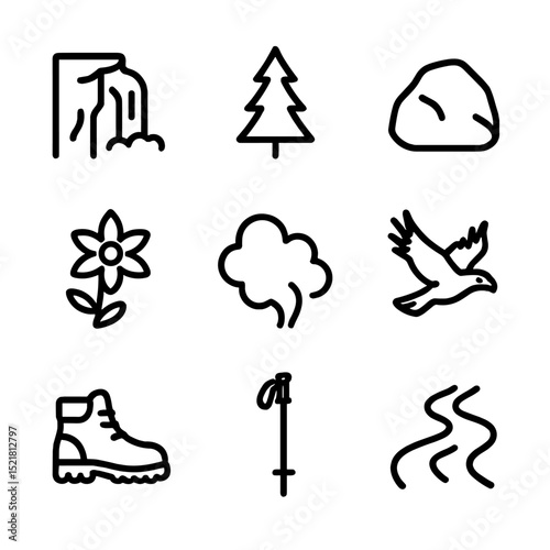 Mountain Adventure Icons. Outline icon set of mountain cliff waterfall: cliff edge, pine tree, boulder, alpine flower, mist plume,