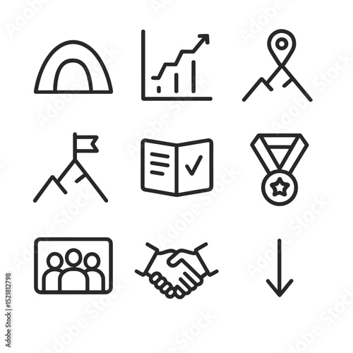 Mountaineering Icons Grid. Outline icon set of mountaineering milestones: base camp tent, acclimatization chart, altitude marker,