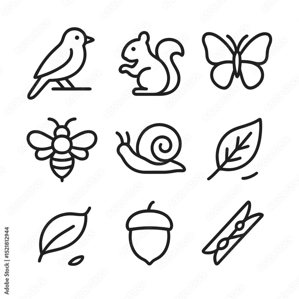 Obraz premium Nature Icon Set. Outline icon set of wildlife and natural elements: perched bird, curious squirrel, fluttering butterfly, buzzing