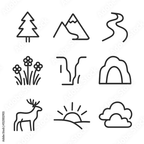 Nature Icon Grid. Outline icon set of environmental features: pine tree, mountain peak, river stream, wildflower patch, canyon