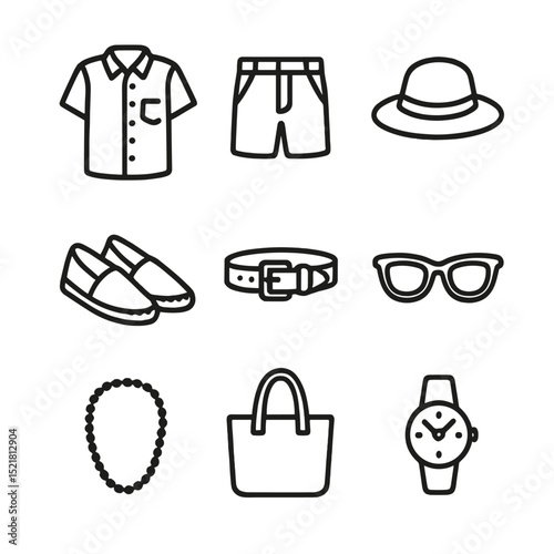 Smart Casual Icons. Outline icon set of smart casual summer styles: linen shirt, shorts, espadrilles, straw hat, woven belt,