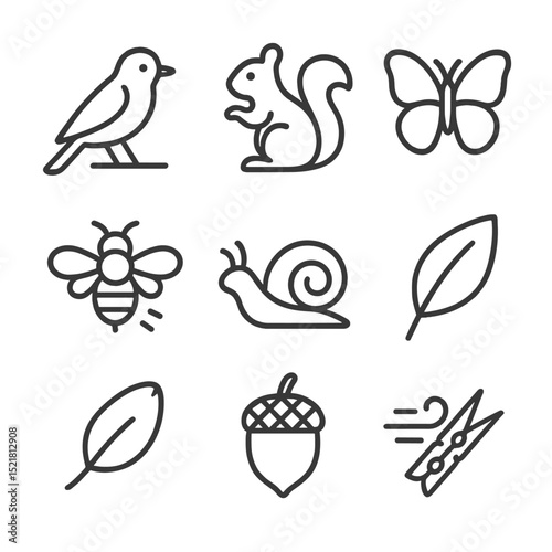 Nature Icon Set. Outline icon set of wildlife and natural elements: perched bird, curious squirrel, fluttering butterfly, buzzing