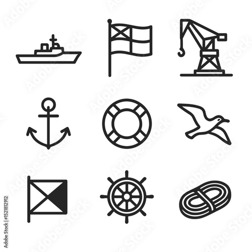Naval Base Icons. Outline icon set of naval base capture ensign raise: warship silhouette, naval ensign flag, dock crane, anchor,