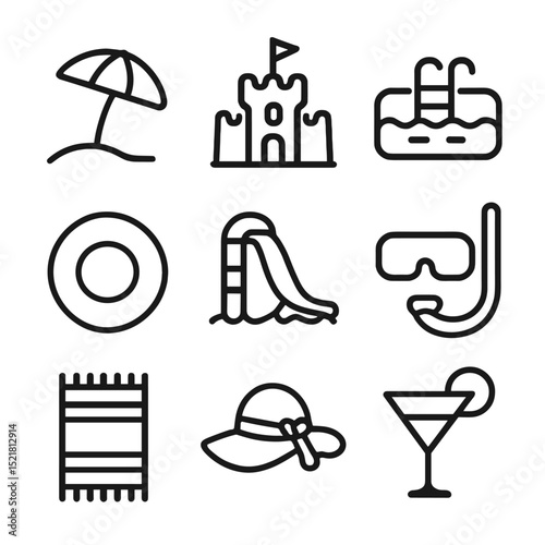 Water-Themed Icon Set. Outline icon set of water-themed recreation: beach umbrella, sandcastle, swimming pool, inflatable ring,