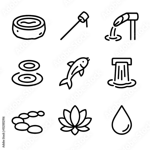 Water Feature Icons. Outline icon set of water features and accents: stone basin, water ladle, bamboo spout, ripple circles, koi
