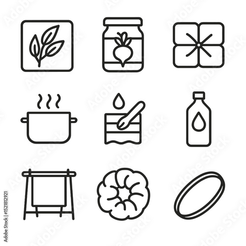 Natural Dye Icon Set. Outline icon set of natural dye and eco-printing: eucalyptus leaf print, beetroot dye jar, bundle wrap,