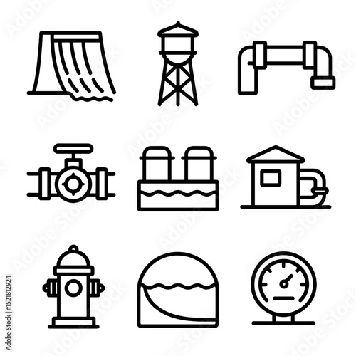 Water Infrastructure Icons. Outline icon set of water infrastructure: dam wall, water tower, pipeline, valve handle, treatment