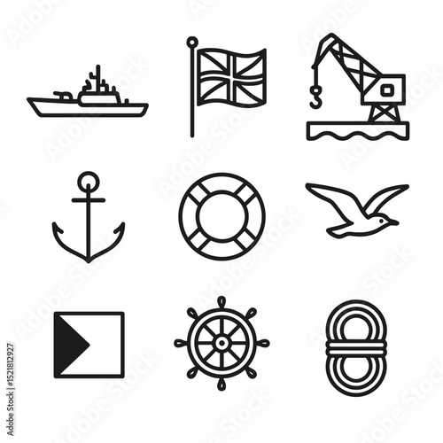 Naval Base Icons. Outline icon set of naval base capture ensign raise: warship silhouette, naval ensign flag, dock crane, anchor,