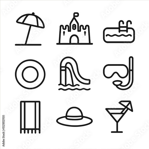 Water-Themed Icon Set. Outline icon set of water-themed recreation: beach umbrella, sandcastle, swimming pool, inflatable ring,