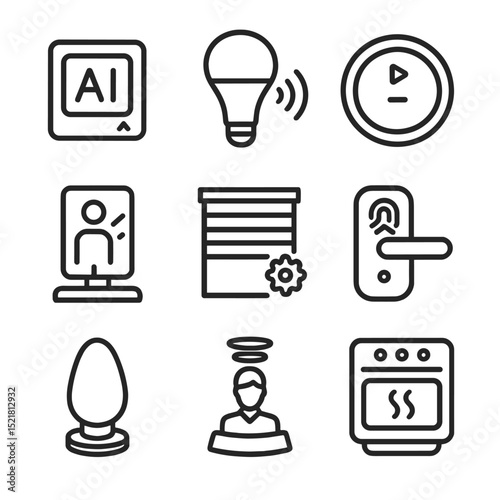 Smart Home Icons. Outline icon set of smart home futuristic devices: AI thermostat, voice-controlled light bulb, robotic vacuum,