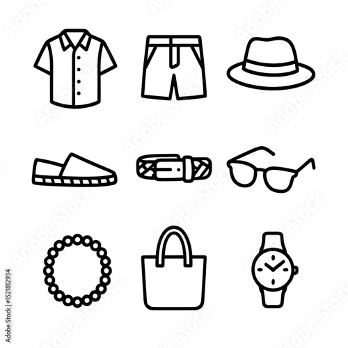 Smart Casual Icons. Outline icon set of smart casual summer styles: linen shirt, shorts, espadrilles, straw hat, woven belt,