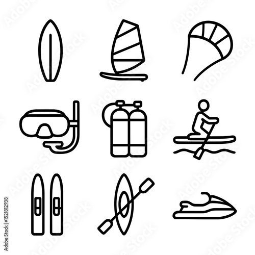 Water Sports Icons. Outline icon set of water sports: surfboard, windsurfing sail, kiteboard, snorkeling mask, scuba tank,