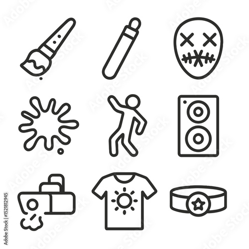 Neon Rave Icons Set. Outline icon set of neon paint night rave: LED paint brush, glow stick, UV mask, neon splash, dance
