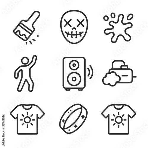 Neon Rave Icons Set. Outline icon set of neon paint night rave: LED paint brush, glow stick, UV mask, neon splash, dance