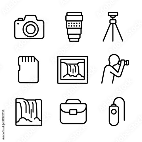 Waterfall Photography Icons. Outline icon set of waterfall photography tour: DSLR camera, zoom lens, tripod, memory card, photo