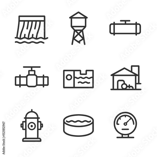 Water Infrastructure Icons. Outline icon set of water infrastructure: dam wall, water tower, pipeline, valve handle, treatment
