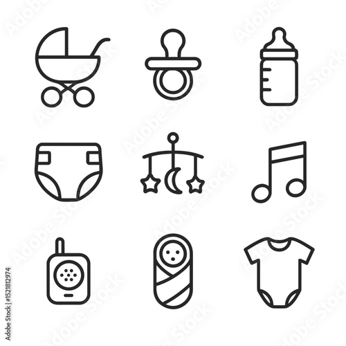 Newborn Essentials Icons. Outline icon set of parenting newborn: baby stroller, pacifier, baby bottle, diaper, crib mobile,
