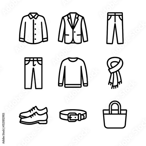 Smart Casual Fabrics. Outline icon set of smart casual fabric choices: cotton shirt, linen blazer, wool trousers, denim jeans,