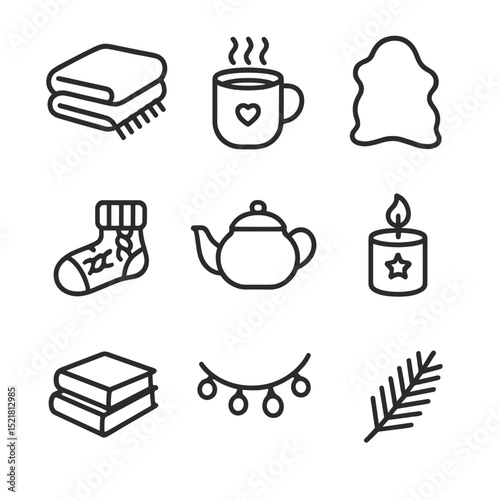 Winter Hygge Icons. Outline icon set of winter hygge scene: wool blanket, hot cocoa mug, sheepskin rug, knitted slipper, steaming