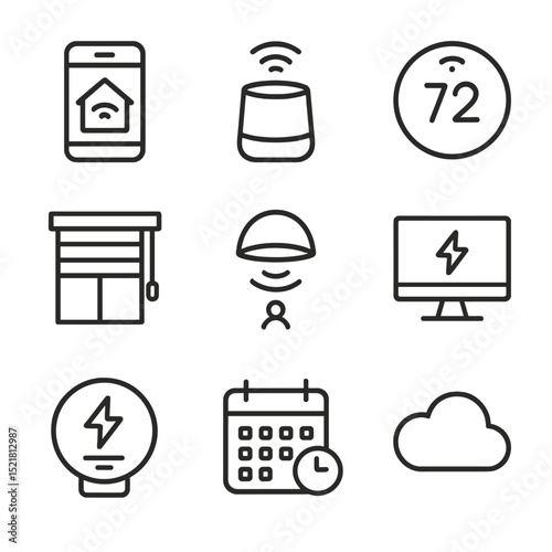 Smart Home Icon Set. Outline icon set of smart home automation: smartphone control, voice assistant, smart thermostat, automated