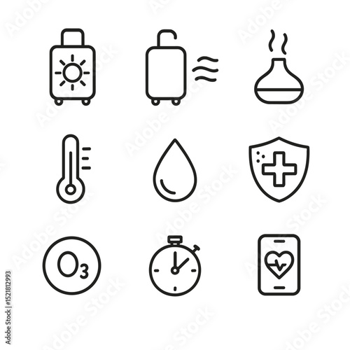 Smart Luggage Icon Set. Outline icon set of smart luggage health features: UV sanitizer, air purifier, aroma diffuser, temperature