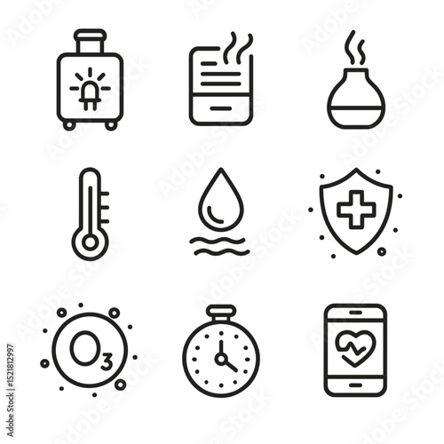 Smart Luggage Icon Set. Outline icon set of smart luggage health features: UV sanitizer, air purifier, aroma diffuser, temperature