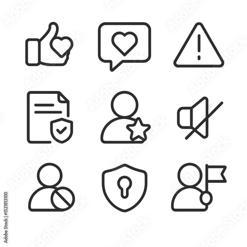 Social Media Icons. Outline icon set of social media support features: empathy reaction button, supportive comment bubble, report