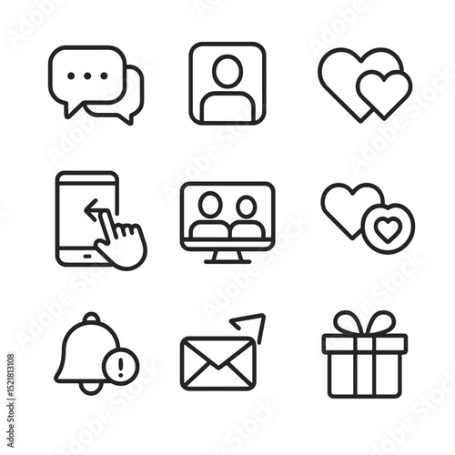 Online Dating Icons. Outline icon set of online dating interactions: chat bubbles, profile picture, match icon, swipe gesture,