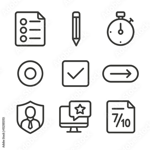 Online Assessment Icons. Outline icon set of online assessment elements: quiz sheet, pencil, stopwatch, multiple-choice radio