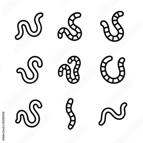 Soil Worms Icons Set. Outline icon set of beneficial soil worms: earthworm, red wigglers, tiger worms, nightcrawlers, pot worms,