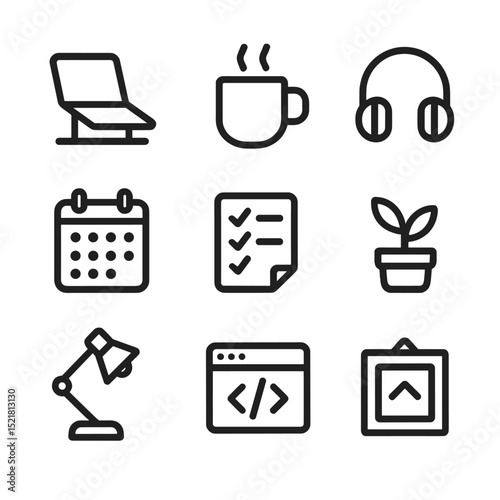Solo Developer Icons. Outline icon set of solo developer life: laptop stand, coffee mug, headphones, calendar, to-do list, plant