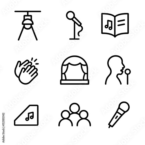 Solo Performance Icons. Outline icon set of solo performance: spotlight, microphone stand, music book, performance stage, applause