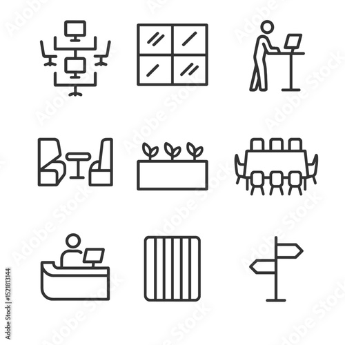 Open-Plan Office Icons. Outline icon set of open-plan office layout: workstation cluster, glass partition, standing desk,
