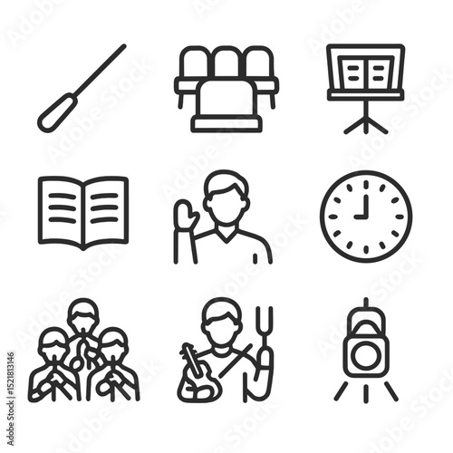 Orchestra Icons Collection. Outline icon set of ensemble practice: conductor’s baton, orchestra seats, music stand, ensemble score