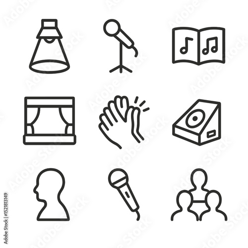 Solo Performance Icons. Outline icon set of solo performance: spotlight, microphone stand, music book, performance stage, applause