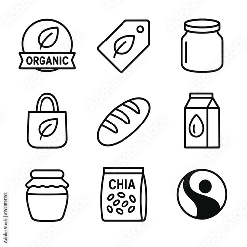 Organic Icons Collection. Outline icon set of organic products range: organic leaf badge, eco label, glass jar, reusable bag,