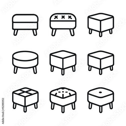 Ottoman Icon Set. Outline icon set of ottoman seating: cushion, tufted, leather, fabric, round, square, stitching, button, home