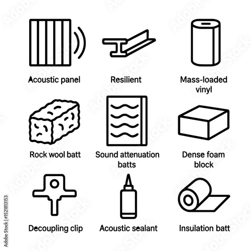 Sound Insulation Icons. Outline icon set of sound insulation options: acoustic panel, resilient channel, mass-loaded vinyl, rock