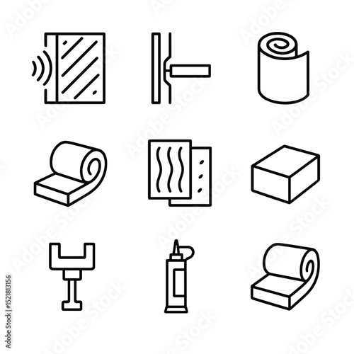 Sound Insulation Icons. Outline icon set of sound insulation options: acoustic panel, resilient channel, mass-loaded vinyl, rock